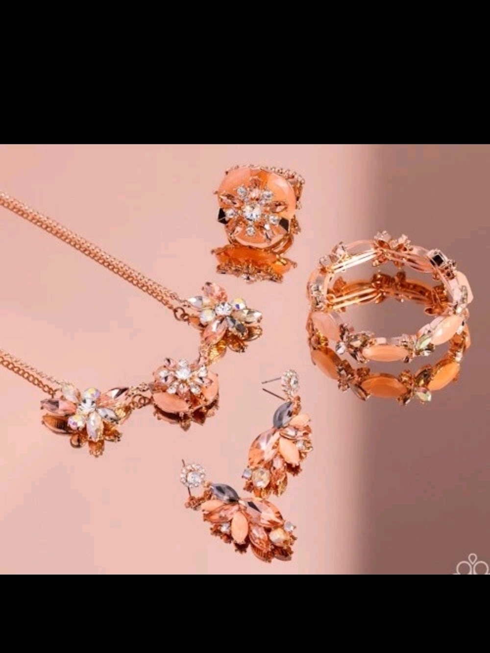 Rose Gold Floral Crystal Jewelry Set - Necklace, Earrings, Bracelet, Ring